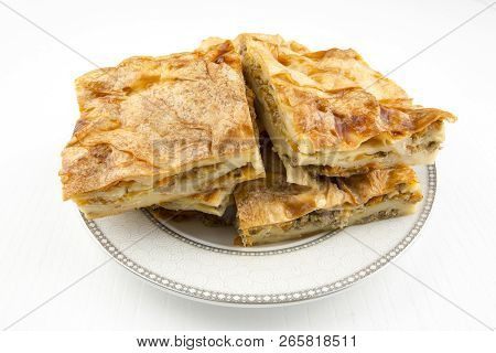 Turkish Style Meat And Cheese Stuffed Filo Dough Borek Served Su Boregi