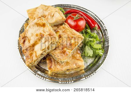Turkish Style Meat And Cheese Stuffed Filo Dough Borek Served Su Boregi