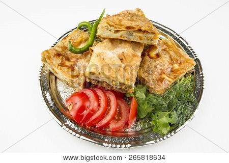 Turkish Style Meat And Cheese Stuffed Filo Dough Borek Served Su Boregi