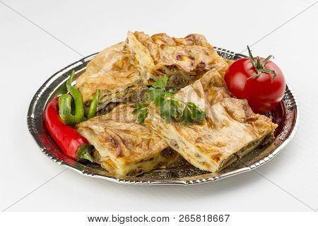 Turkish Style Meat And Cheese Stuffed Filo Dough Borek Served Su Boregi