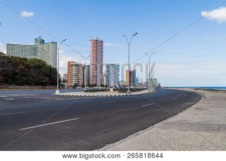 Famous Seaside Drive Malecon In Havana, Cuba. Vedado Neighborhood.