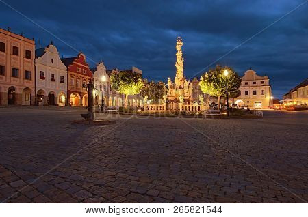 Telc, Czech Republic- August 24, 2018: Wide Angle Evening Landscape View Of Main Square Of Telc With