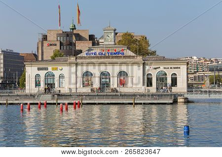 Geneva, Switzerland - September 24, 2016: La Cite Du Temps Building, View From The Pont Des Bergues 