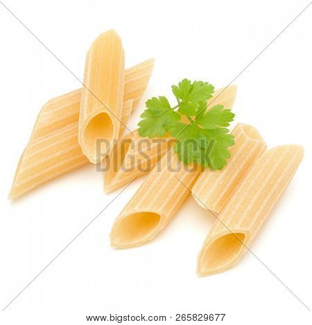 Italian pasta isolated on white background. Pennoni. Penne rigate.
