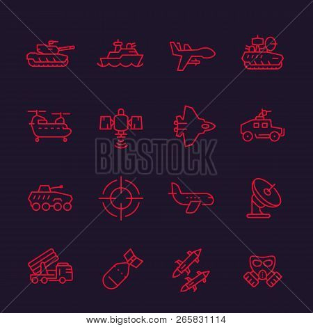 Army, Military Line Icons Set, Combat Drone, Tank, Aviation, Navy, Ship, Ballistic Missile, Helicopt