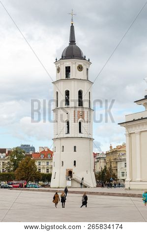 Vilnius, Lithuania - September 28, 2018: Vilnius Cathedral Bell Tower Next To Cathedral Basilica Of 