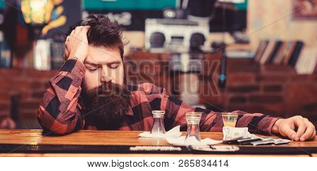 Hipster Fall Asleep Near Alcoholic Drink, Short Cocktail.
