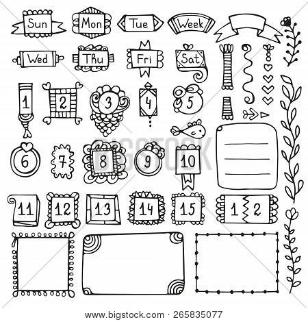 Bullet Journal Hand Drawn Vector Elements For Notebook, Diary And Planner. Doodle Frames Isolated On