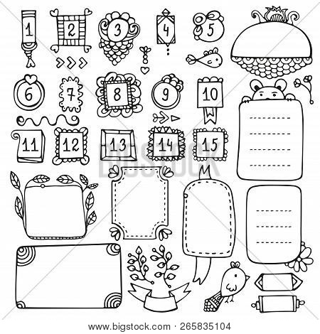 Bullet Journal Hand Drawn Vector Elements For Notebook, Diary And Planner. Doodle Frames Isolated On