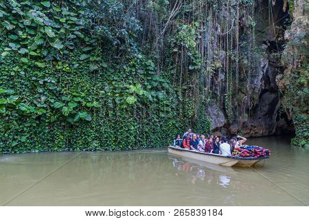 Vinales, Cuba - Feb 18, 2016: Tourists In A Boat Are Leaving Cueva Del Indio Cave In National Park V
