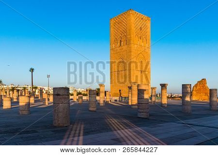 Tousand Years Old Tower Of Hassan Of The Capital Rabat City In Unesco, Morocco In Africa