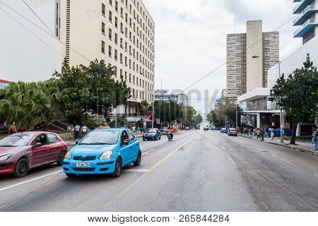 Havana, Cuba - Feb 21, 2016:  Street In Vedado Neighborhood Of Havana