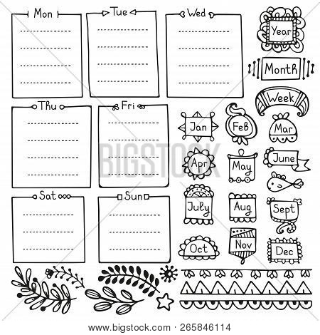 Bullet Journal Hand Drawn Vector Elements For Notebook, Diary And Planner. Doodle Frames Isolated On