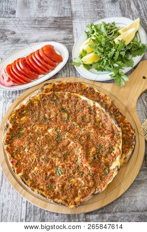 Traditional Delicious Turkish Foods; Turkish Pizza; Lahmacun