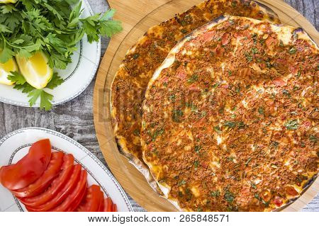 Traditional Delicious Turkish Foods; Turkish Pizza; Lahmacun