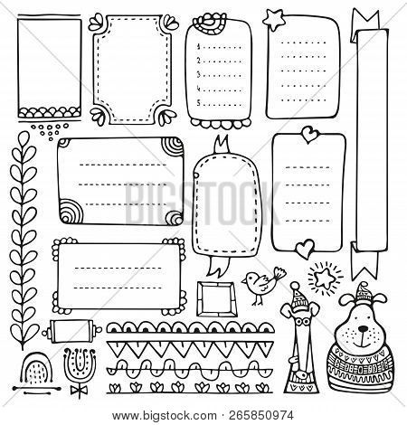 Bullet Journal Hand Drawn Vector Elements For Notebook, Diary And Planner. Doodle Frames Isolated On