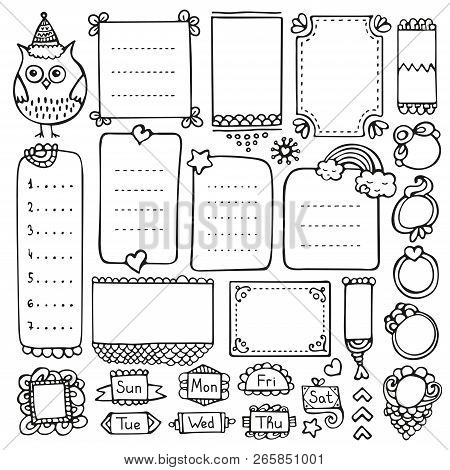 Bullet Journal Hand Drawn Vector Elements For Notebook, Diary And Planner. Doodle Frames Isolated On
