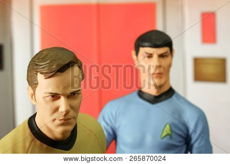 OCT 27 2018: Scene from Star Trek the original series with Captain Kirk and Mr Spock exiting the turbo lift on the bridge of the USS Enterprise - Diamond Select Toys