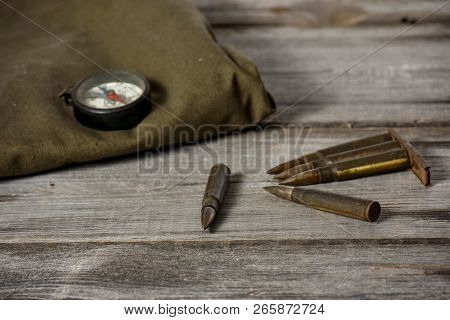 7, 92 X 57 - Rustic Ammos, Poncho And Old Compas Lies On The Wooden Background