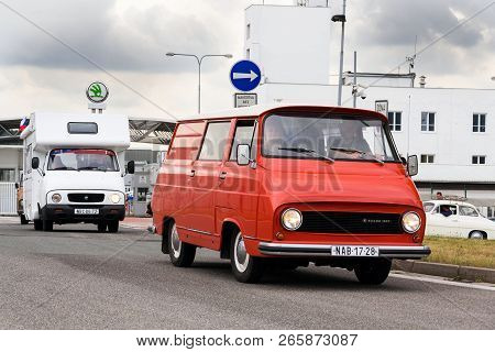 Vrchlabi, Czech Republic - August 25 2018: Vintage Cars Skoda 1203 Oldsmobile Veterans Leaving Vrchl