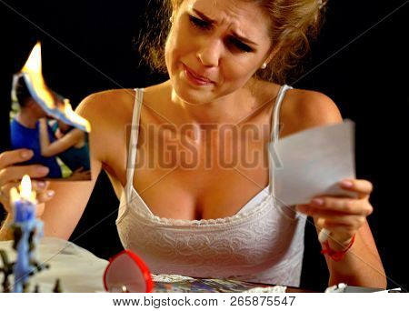 Wedding memories. Broken heart woman. Couple break up. Sad bride on unhappy wedding. Collapse of hope and disappointment. Portrait crying female. Family has divorce. Problems with men.