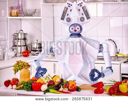 Robot domestic household assistance cook vegetarian food at kitchen. Artificial intelligence helper help people with housework cooked food.