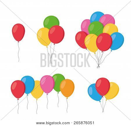 Balloons In Cartoon Flat Style Isolated Set On White Background. Bunch Of Balloons - Stock Vector.
