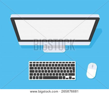 Work Desk From The Top. Computer Keyboard And Mouse. Flat Style - Stock Vector.