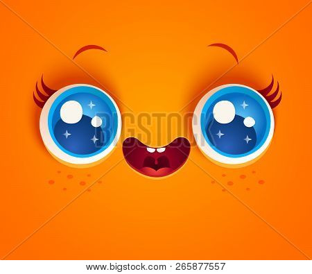 Vector Illustration Of Cute Orange Face. Kawaii Face With Blue Eyes And Freckles.