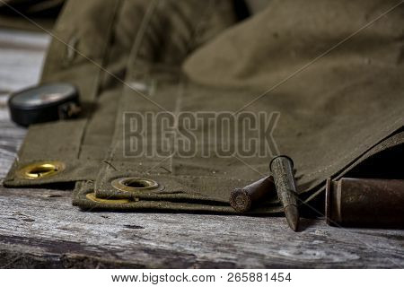 7, 92 X 57 - Rustic Ammos, Poncho And Old Compas Lies On The Wooden Background