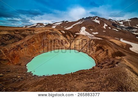 Viti Sulfur Blue Lake In Caldera Of Askja Volcano Crater In Iceland, Travel North Landscape. Panoram