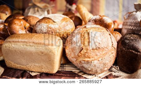 Arrangement With Bakery Products.various Bakery Products In Stock. Buns, Bread, Bagels