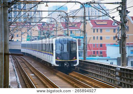 Subway Train Arriving To The Station, Shanghai, China