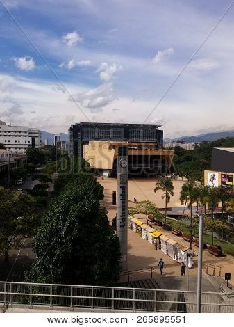 Medellin, Antioquia, Colombia - 09/22/2015: View Of A Public Square In Medellin, Colombia. Park Of D