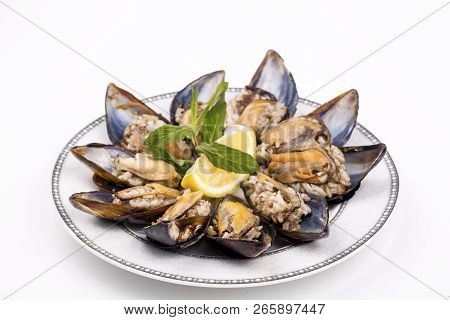 Midye Dolmasi, Stuffed Mussels, Turkish Food Isolated On White Background
