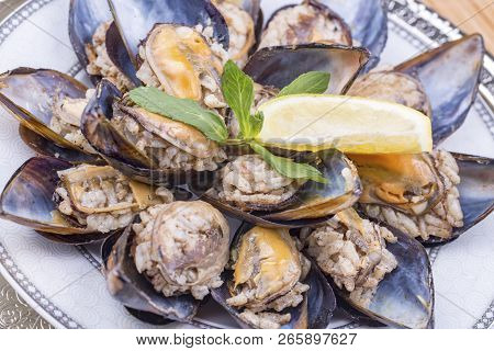 Midye Dolmasi, Stuffed Mussels, Turkish Food Isolated On White Background