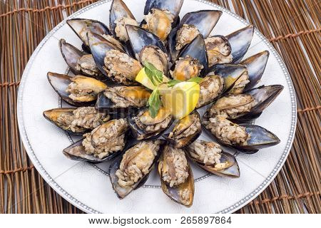 Midye Dolmasi, Stuffed Mussels, Turkish Food Isolated On White Background