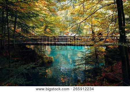 Autumn Time At Romantic Forest Lake Blausee, One Of The Best Known Mountain Lakes In Switzerland.