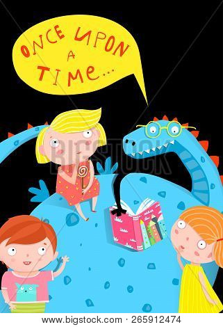 Fairy Tale Dragon Reading A Book To Kids In Darkness.