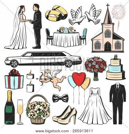 Wedding, Marriage Ceremony Vector Icons. Gift, Love Heart And Cake, Bridal Dress, Church And Bouquet