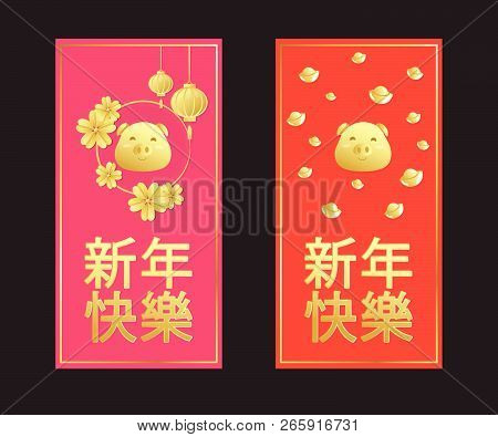 Happy Chinese New Year 2019 Year Of The Pig. Chinese Characters Mean Happy New Year, Wealthy, Zodiac