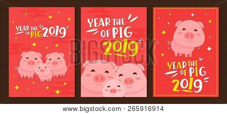 Happy Chinese New Year 2019 Year Of The Pig. Chinese Characters Mean Happy New Year, Wealthy, Zodiac
