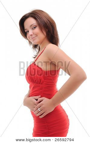 Femme sexy en robe rouge. Isolated over white.