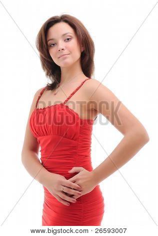 Femme sexy en robe rouge. Isolated over white.