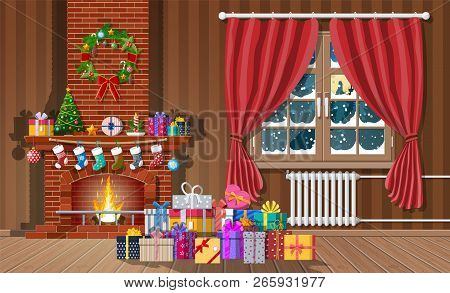 Christmas Interior Of Room With Window, Gifts And Decorated Fireplace. Happy New Year Decoration. Me