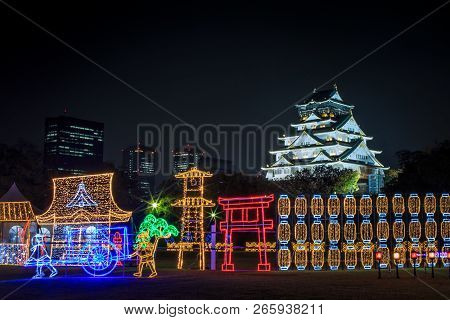 Osaka Castle Night Illumination, Osaka, Japan - November 2017 : Osaka Castle Decorated In Reminiscen
