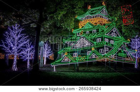 Osaka Castle Night Illumination, Osaka, Japan - November 2017 : Osaka Castle Decorated In Reminiscen