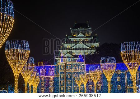 Osaka Castle Night Illumination, Osaka, Japan - November 2017 : Osaka Castle Decorated In Reminiscen