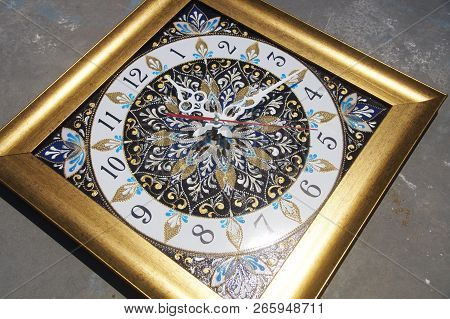 Brown Square Hand-painted Watch With Contour Acrylic Paints In The Technique Point To Point, With A 