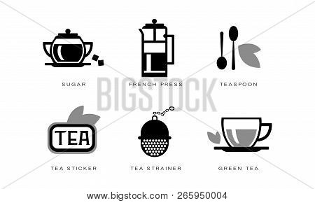 Tea Icons Set, Sugar, French Press, Teaspoon, Strainer, Tea Sticker Vector Illustration On A White B